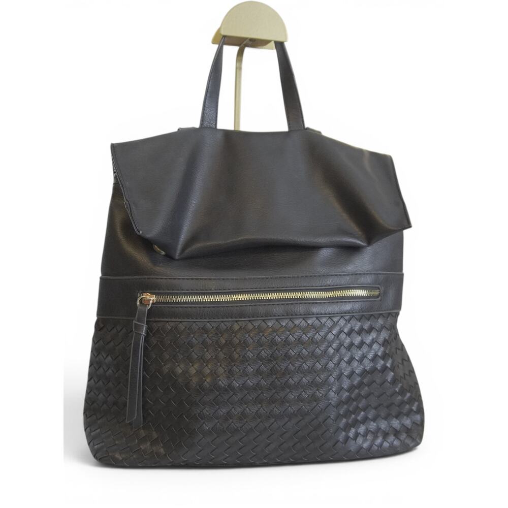 Black Woven Faux Leather Backpack Tote Animal Print Lining Laptop School Bag
